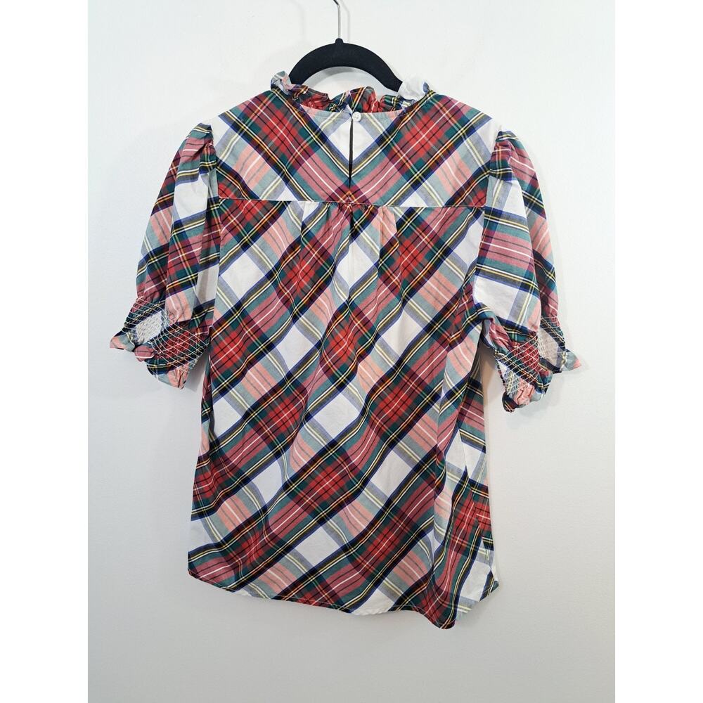 J. Crew Women's Red Green White Plaid Blouse High Neck XS Smocked Sleeve
